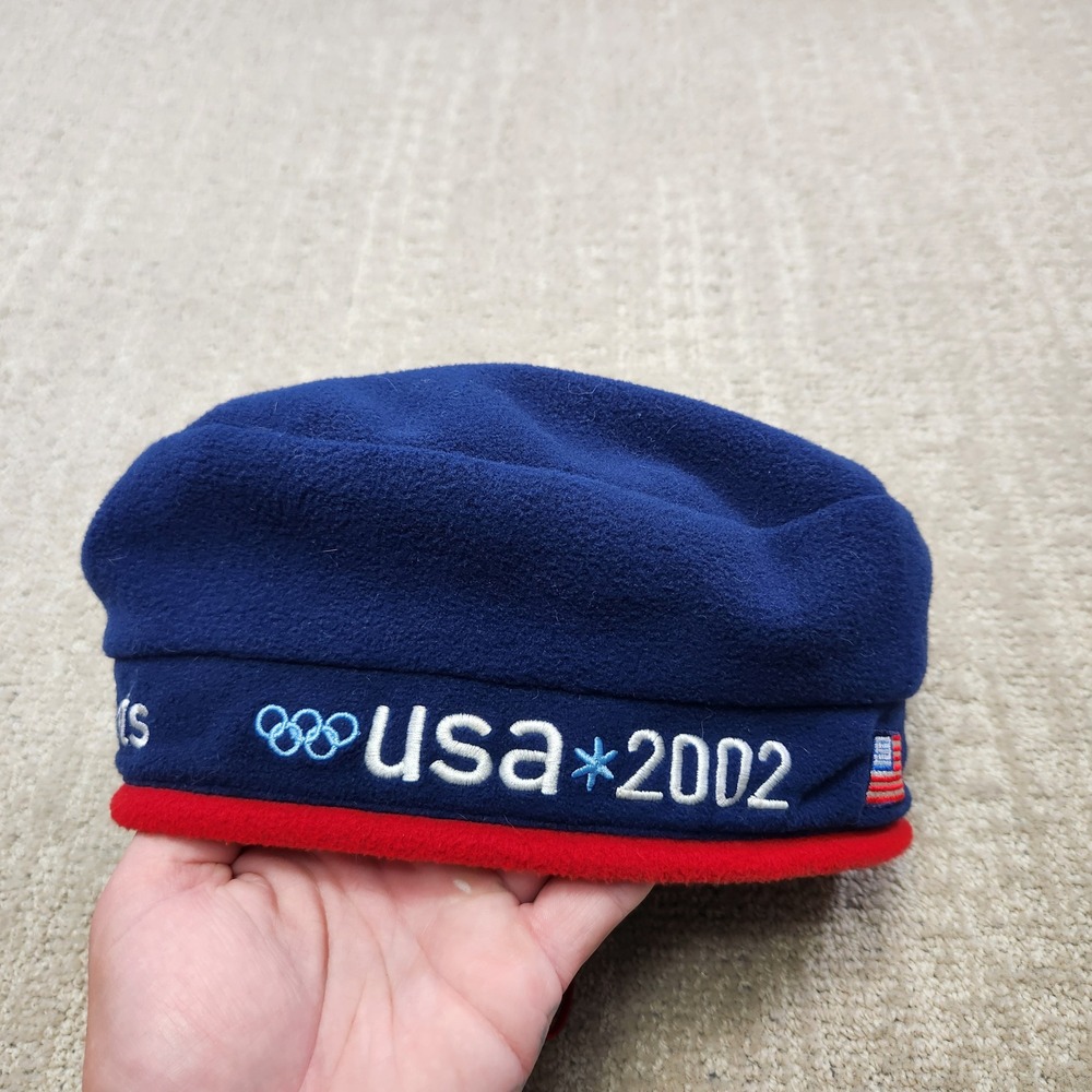 Roots USA 2002 Winter Olympics Fleece Beret Hat Navy Blue Red Adjustable OS